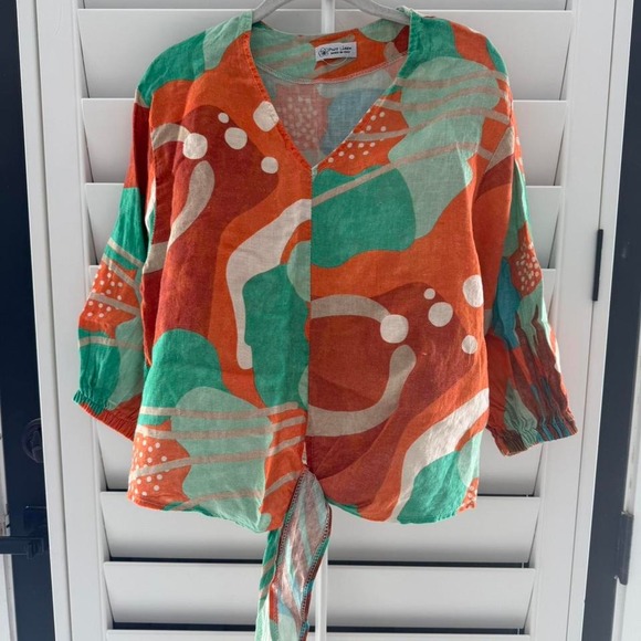 Tops - Women's blouse Orange and green linen tie-front top